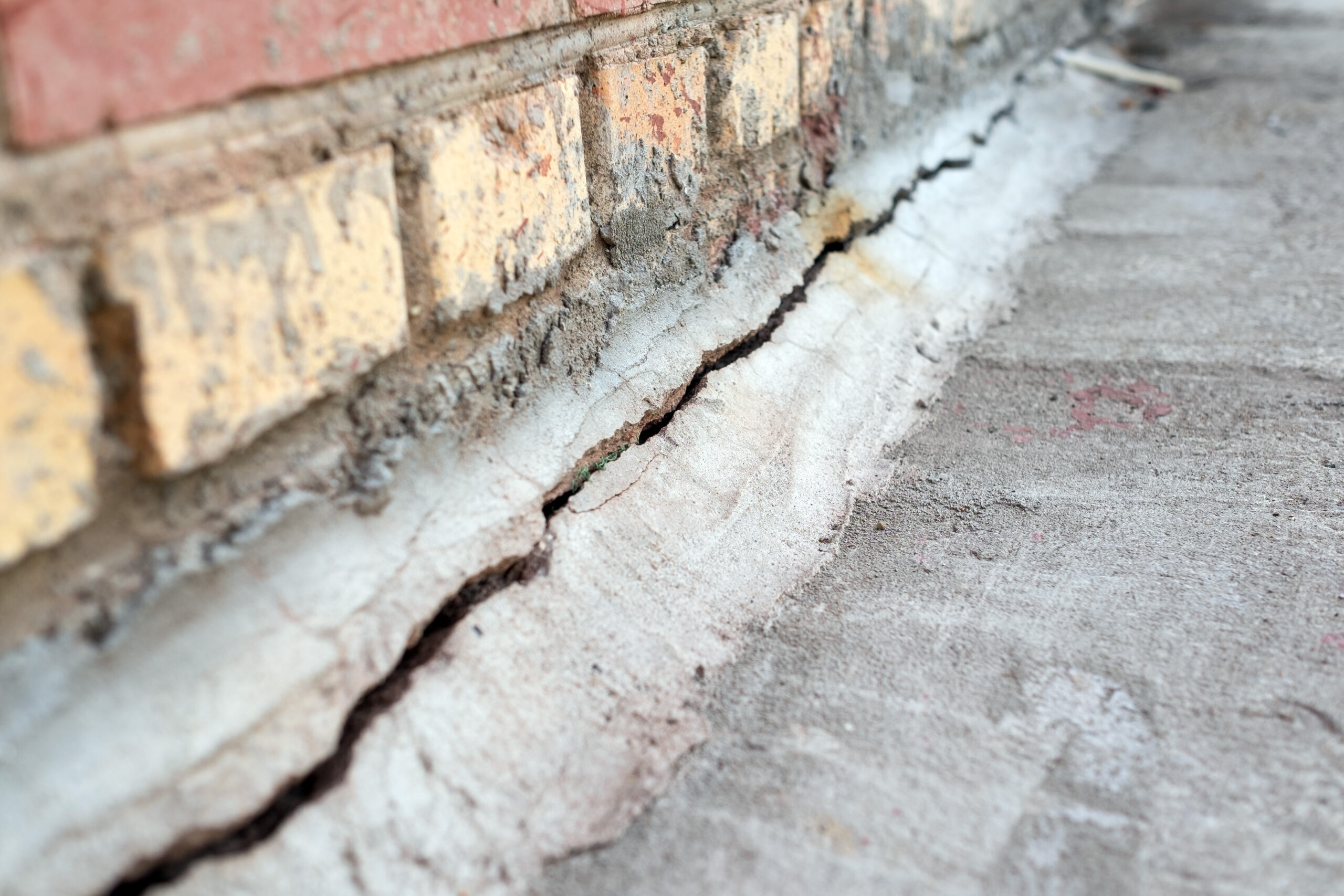 A close-up view of a large crack in the concrete foundation at the base of a brick wall.